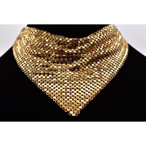 Whiting & Davis Vintage Mesh Chainmail Choker Bib Necklace Gold Signed 70s BinBL - Picture 1 of 12